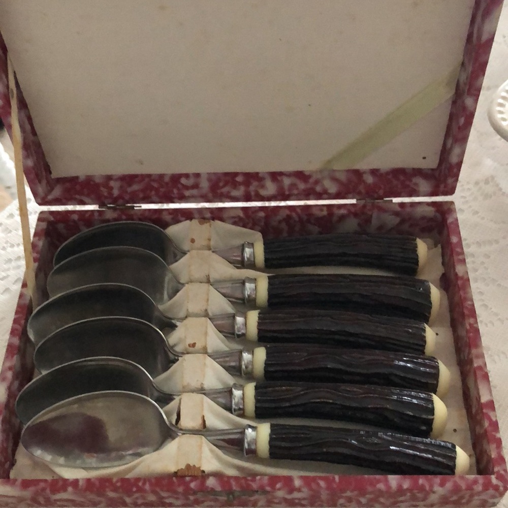 Boxed set of 6 Vintage faux Stag Horn handled Stainless Steel spoons
